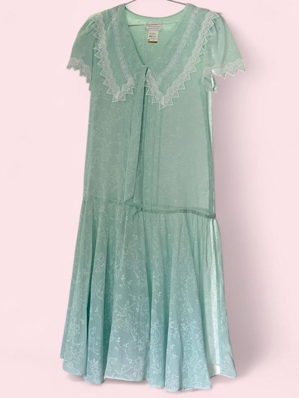 VINTAGE • 80s GUNNE SAX SHEER DROP WAIST PASTEL SEAFOAM COQUETTE LACE DRESS S M